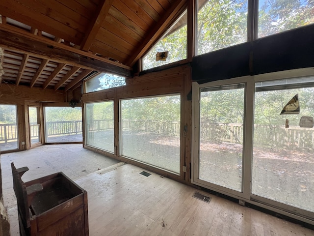 unfurnished sunroom with vaulted ceiling with beams, wooden ceiling, and visible vents