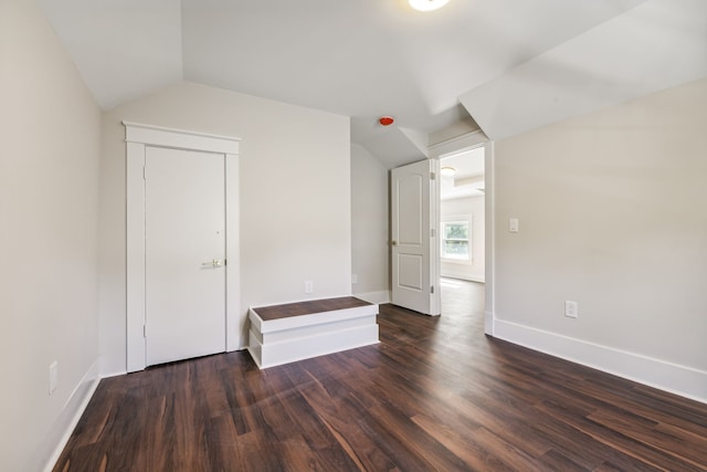 interior space with dark wood-type flooring and vaulted ceiling