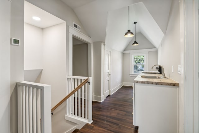 kitchen featuring dark hardwood / wood-style flooring, vaulted ceiling, pendant lighting, wooden counters, and sink