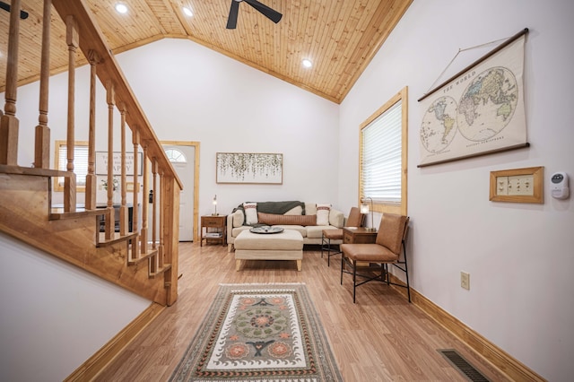 living area featuring high vaulted ceiling, wooden ceiling, wood finished floors, and visible vents