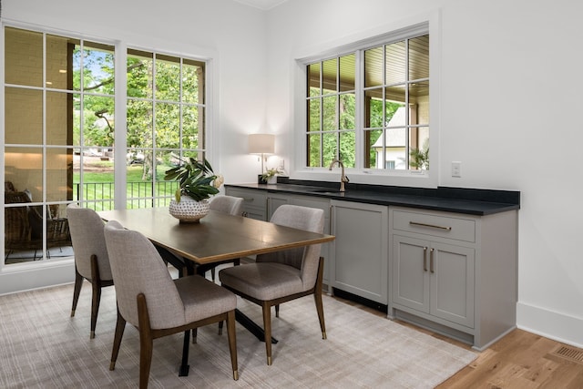 dining space featuring a wealth of natural light, sink, and light hardwood / wood-style floors