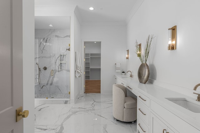 bathroom featuring tile flooring, an enclosed shower, vanity, and crown molding