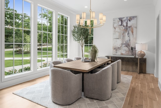 dining room featuring a healthy amount of sunlight, a chandelier, light wood-type flooring, and ornamental molding