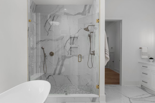 bathroom featuring tile floors and a shower with door