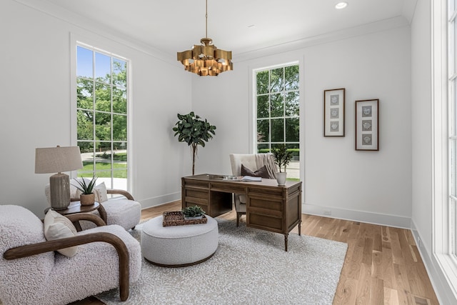 office with a wealth of natural light, an inviting chandelier, ornamental molding, and light hardwood / wood-style flooring