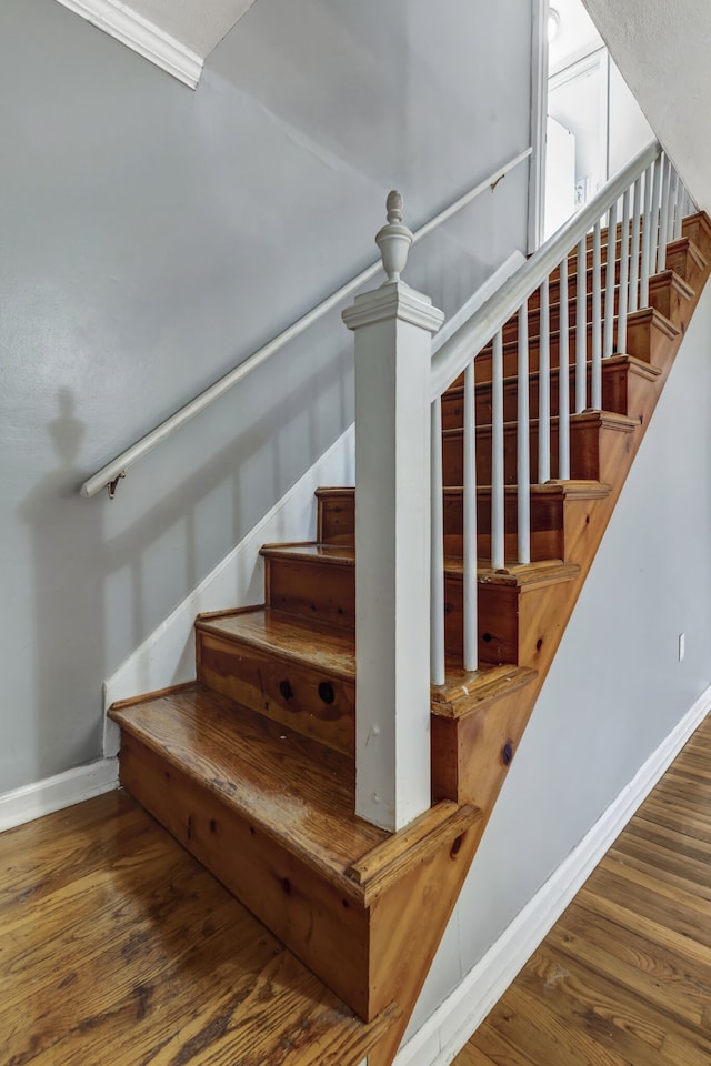 staircase featuring hardwood / wood-style flooring