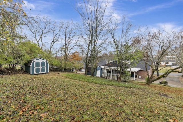 view of yard featuring a storage unit