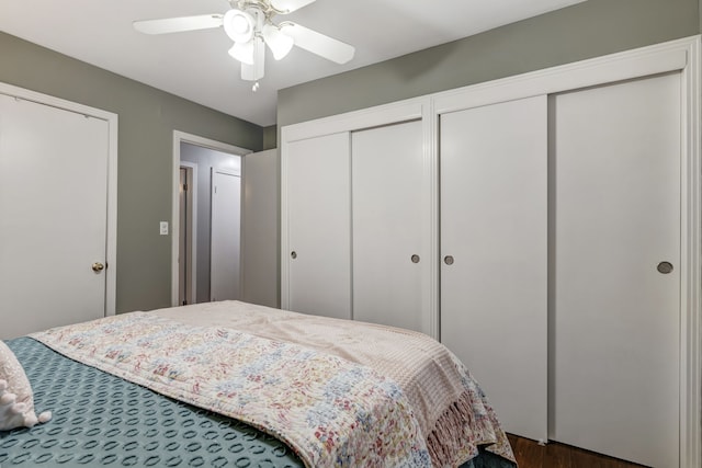 bedroom featuring two closets, ceiling fan, and hardwood / wood-style floors