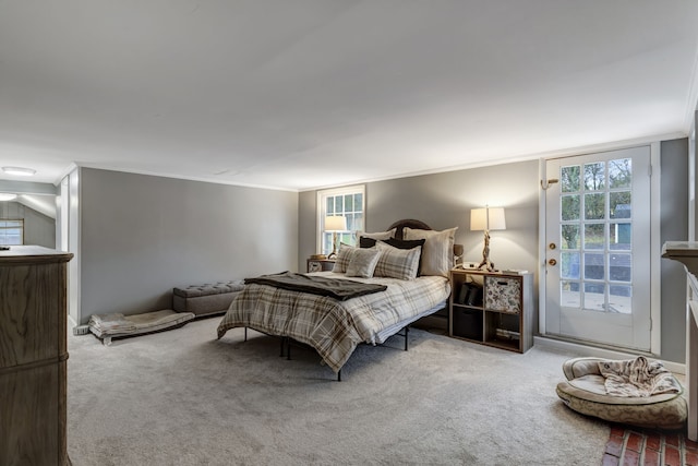 carpeted bedroom featuring ornamental molding