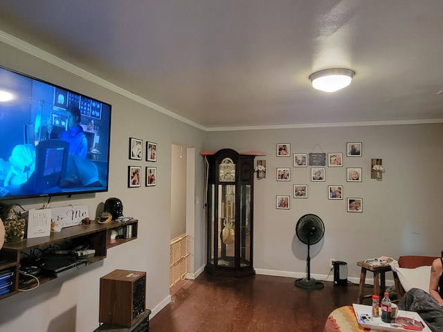 interior space featuring dark hardwood / wood-style flooring and ornamental molding