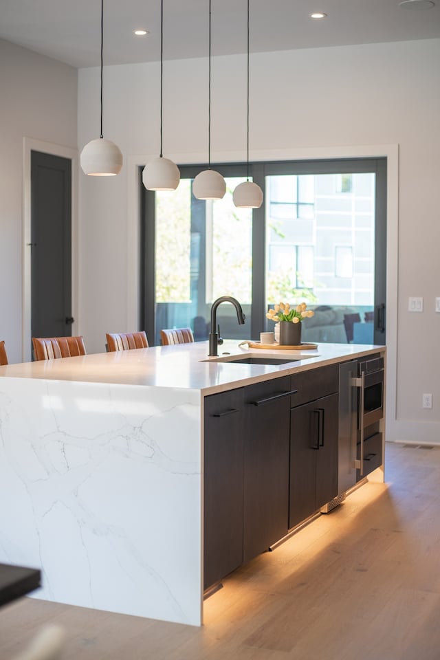 kitchen featuring light hardwood / wood-style floors, sink, a center island with sink, and pendant lighting