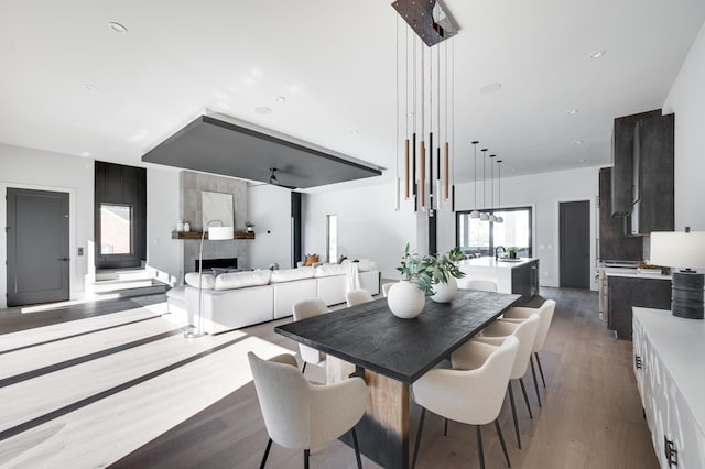 dining space with sink, plenty of natural light, a tile fireplace, and dark hardwood / wood-style floors