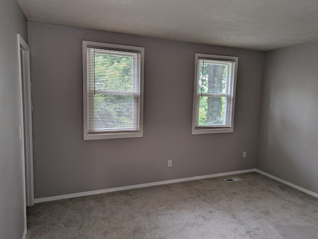 unfurnished room featuring light carpet and a textured ceiling