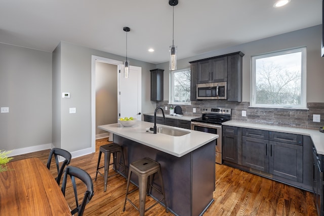 kitchen with stainless steel appliances, sink, a wealth of natural light, and hardwood / wood-style floors