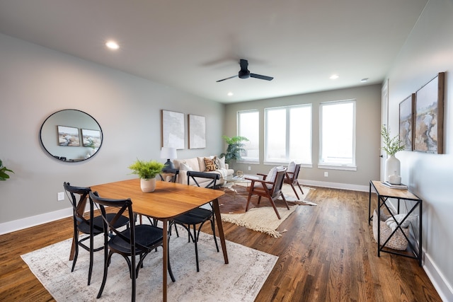 dining room featuring ceiling fan and dark wood-type flooring