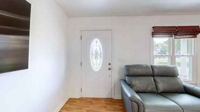 foyer with a wealth of natural light and light hardwood / wood-style flooring