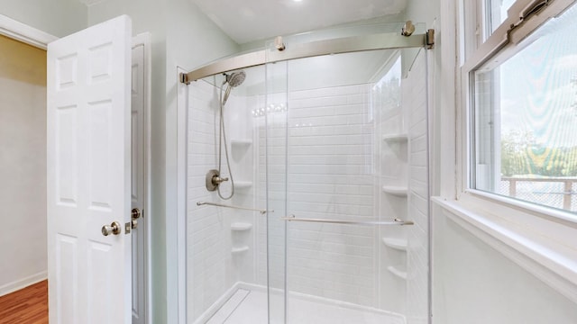 bathroom with hardwood / wood-style flooring and an enclosed shower