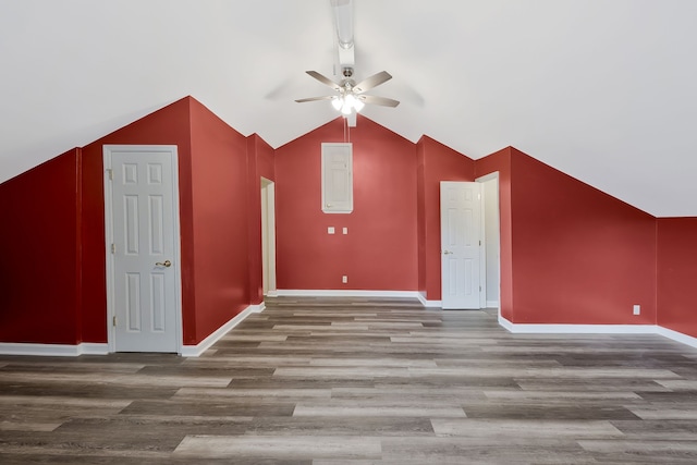 additional living space with lofted ceiling, ceiling fan, and hardwood / wood-style floors