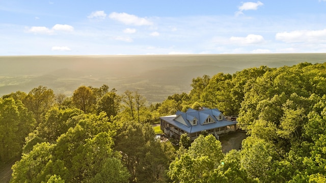 bird's eye view with a forest view and a water view