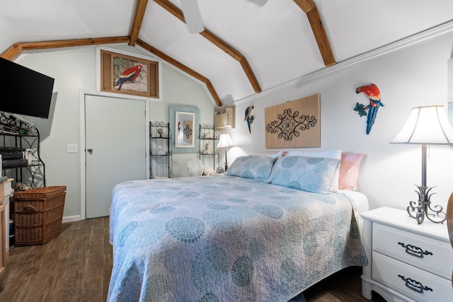 bedroom featuring vaulted ceiling with beams and dark wood-style floors