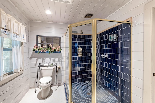 full bathroom featuring visible vents, toilet, wood ceiling, a shower stall, and tile patterned flooring