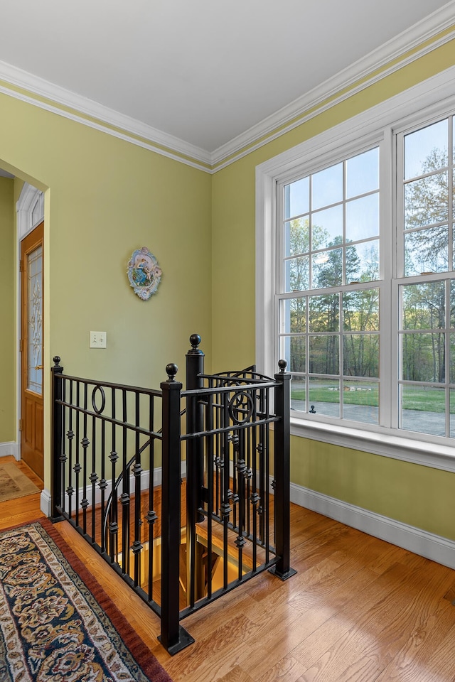 stairs featuring crown molding and hardwood / wood-style flooring