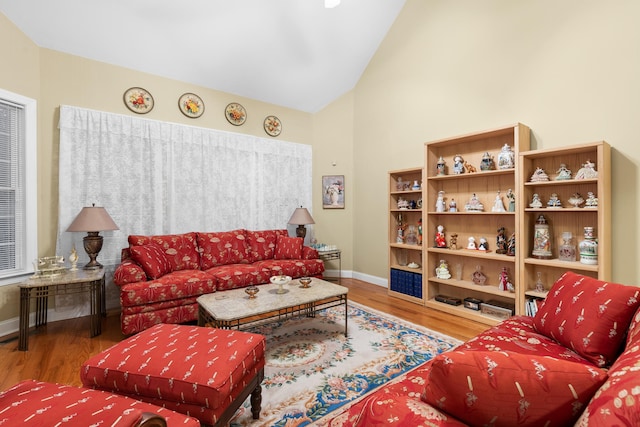 living room with wood-type flooring and high vaulted ceiling