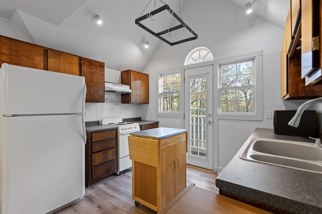 kitchen featuring light hardwood / wood-style floors, sink, vaulted ceiling, a center island, and white appliances