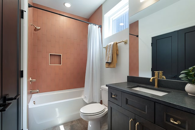 full bathroom with toilet, shower / tub combo, vanity, and tile patterned flooring