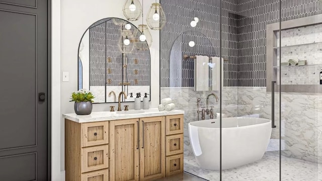 bathroom with a bath to relax in, tile walls, tile floors, and large vanity