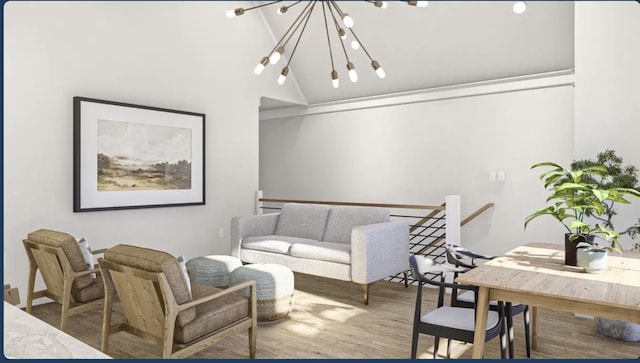 living room featuring lofted ceiling, hardwood / wood-style flooring, and a chandelier