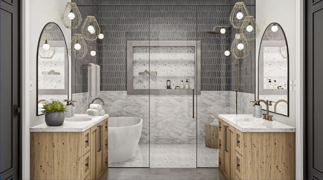 bathroom with a tub, double vanity, tile walls, and tile flooring