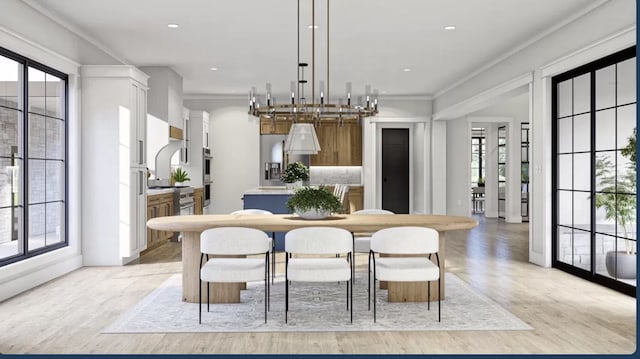 dining area featuring a wealth of natural light, light hardwood / wood-style flooring, and crown molding