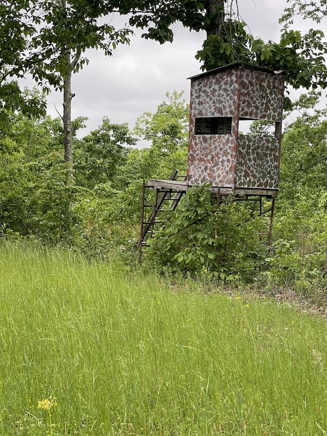 exterior space featuring a shed