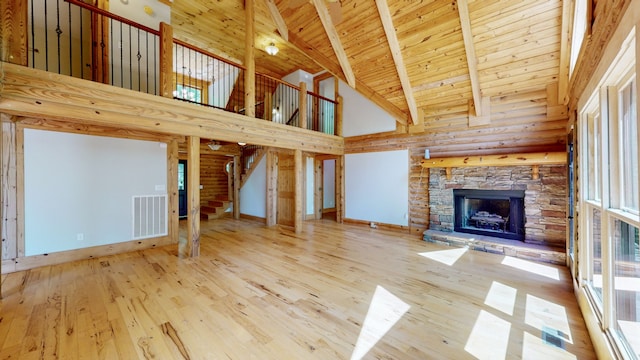 unfurnished living room with high vaulted ceiling, a fireplace, light wood-type flooring, and wooden ceiling