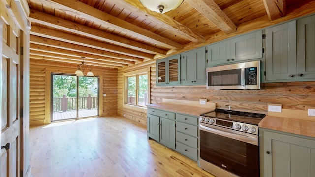 kitchen with light wood-type flooring, stainless steel appliances, beam ceiling, rustic walls, and wood ceiling