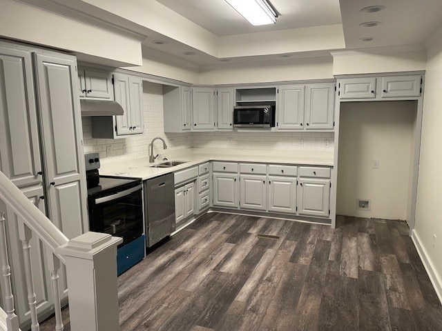 kitchen with range with electric cooktop, gray cabinets, backsplash, dishwasher, and sink