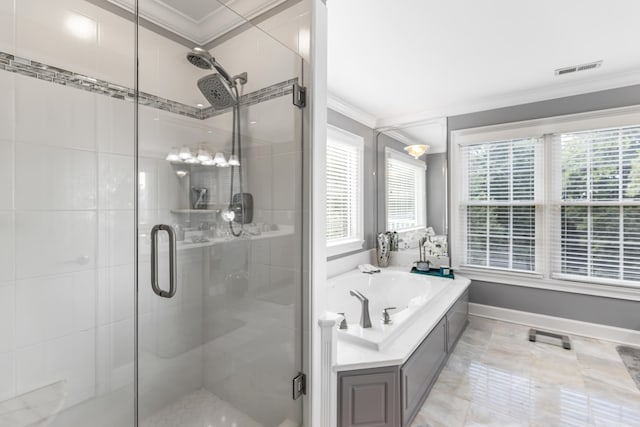 bathroom with shower with separate bathtub, ornamental molding, and tile floors