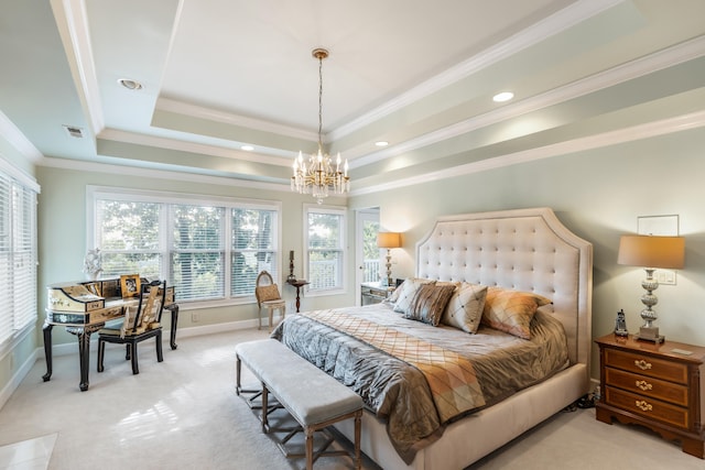 bedroom featuring light colored carpet, a chandelier, a tray ceiling, and crown molding