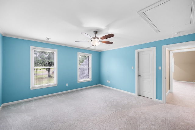 spare room with crown molding, carpet floors, and ceiling fan