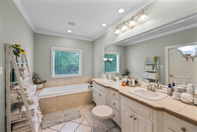 bathroom with tile flooring, ornamental molding, large vanity, tiled bath, and double sink