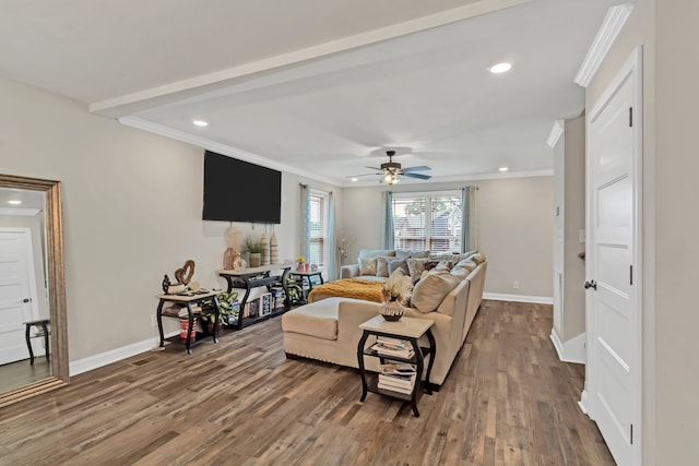 living room with ceiling fan, ornamental molding, and hardwood / wood-style flooring