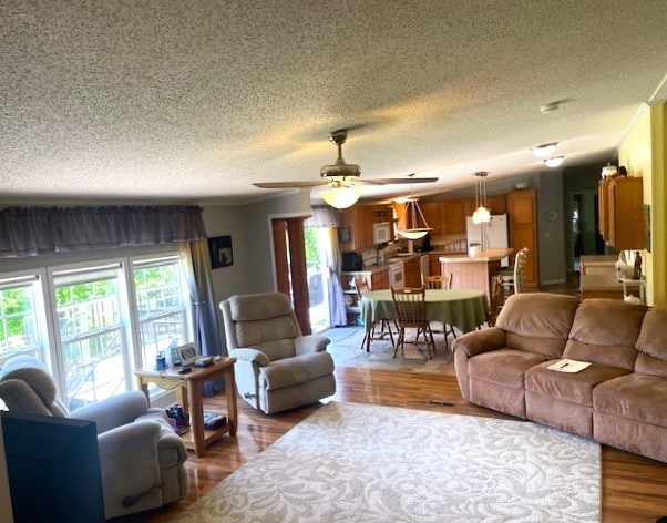 living room with hardwood / wood-style flooring, ceiling fan, and a textured ceiling