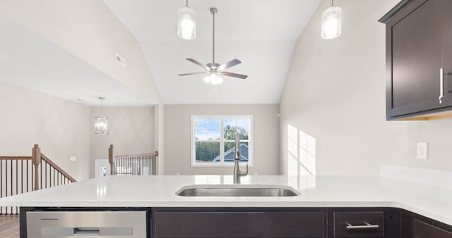 kitchen with sink, ceiling fan, and pendant lighting