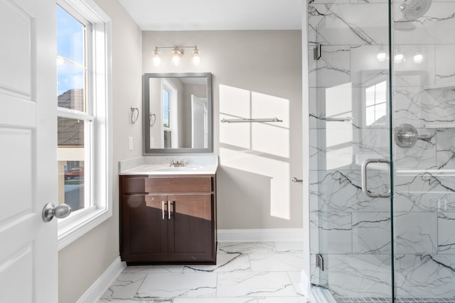 bathroom featuring walk in shower, tile patterned flooring, and vanity