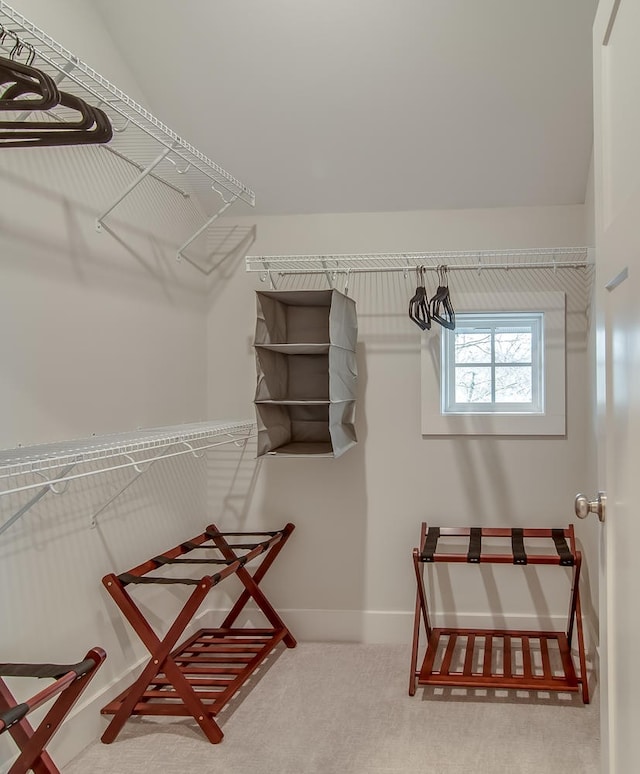 walk in closet featuring carpet flooring and lofted ceiling