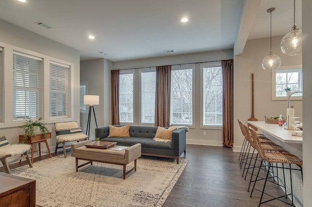 living room with dark hardwood / wood-style floors