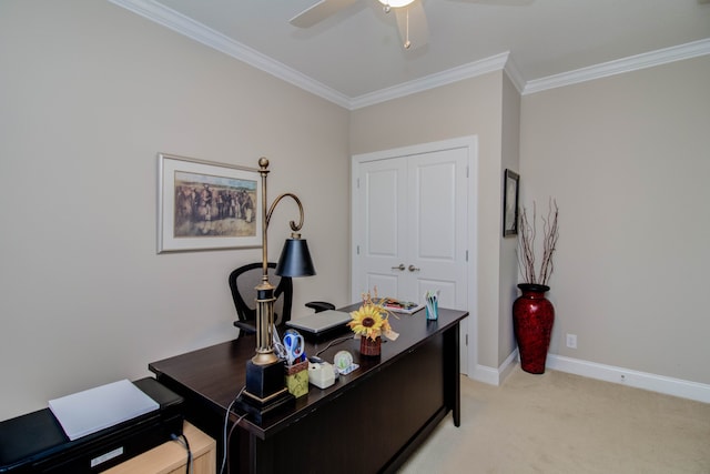 carpeted office with crown molding and ceiling fan