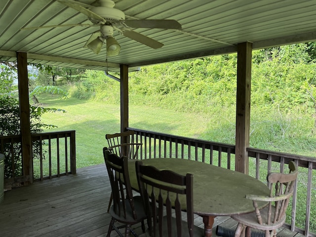 deck with ceiling fan and a lawn