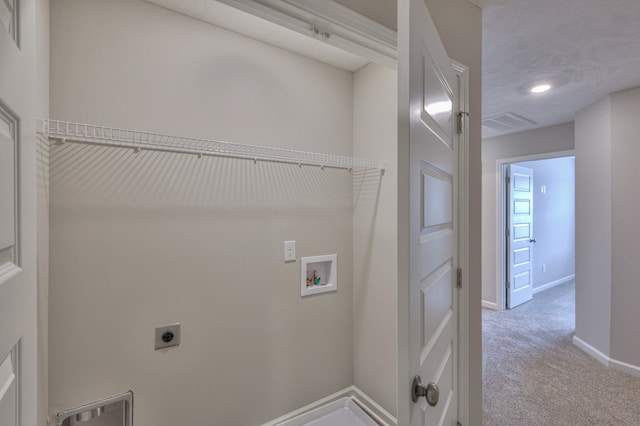 washroom with electric dryer hookup, carpet, and hookup for a washing machine